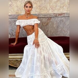 White Botanical Embroidered Maxi Skirt and Crop Top Set